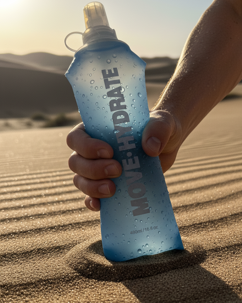 Hand holding a blue 'MOVE HYDRATE' water bottle in a desert setting