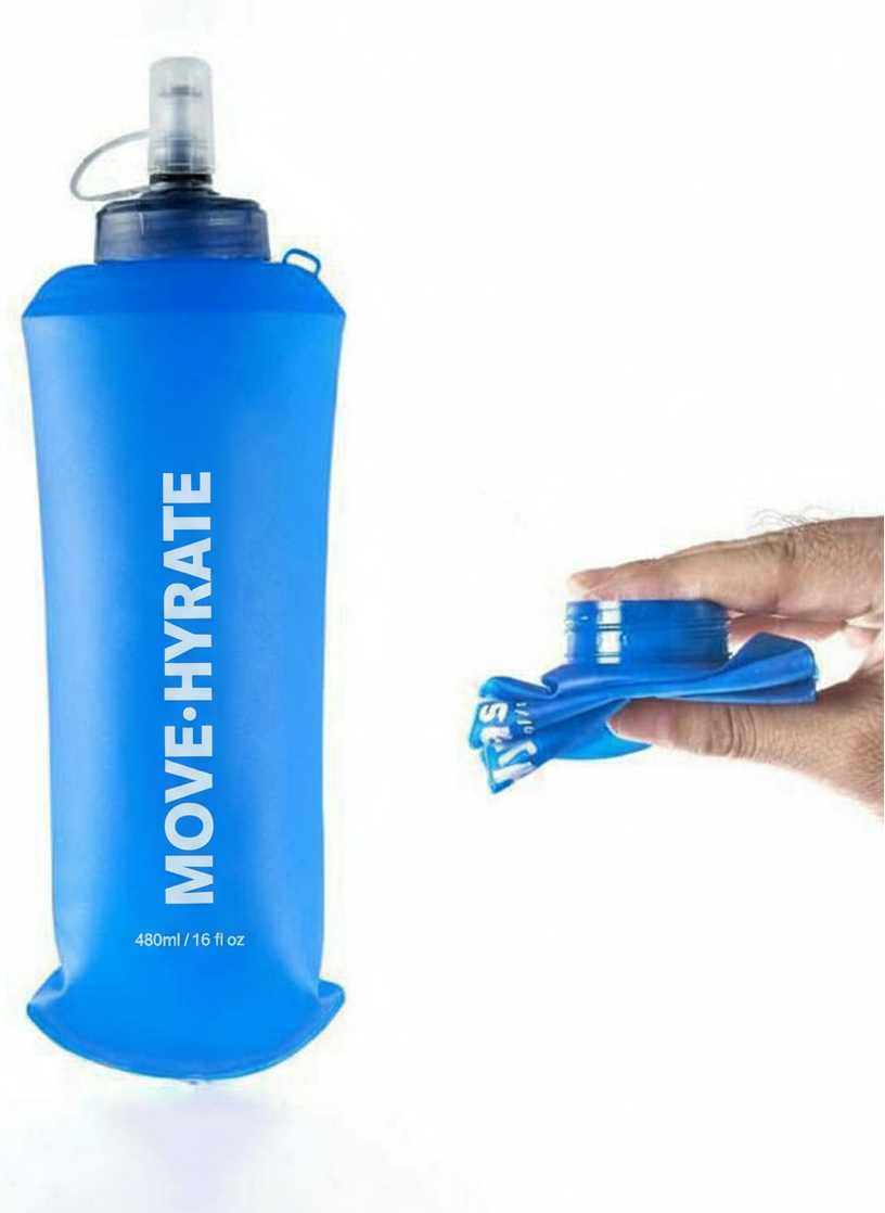 Blue flexible water bottle with 'MOVE HYDRATE' branding 